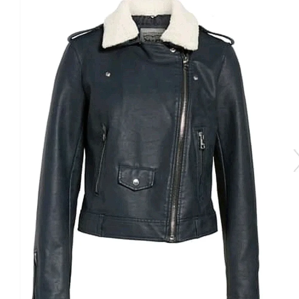 New Levi's $120 MSRP Faux Leather Navy Blue Sherpa Collar Moto Jacket - Picture 2 of 9